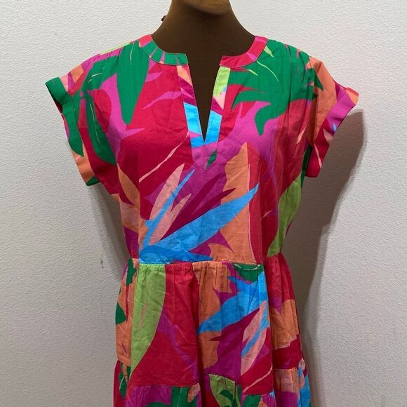 Vineyard Vines La Palmeraie Tiered Cotton Mini Dress in Tropical Floral Size XS - Picture 2 of 8